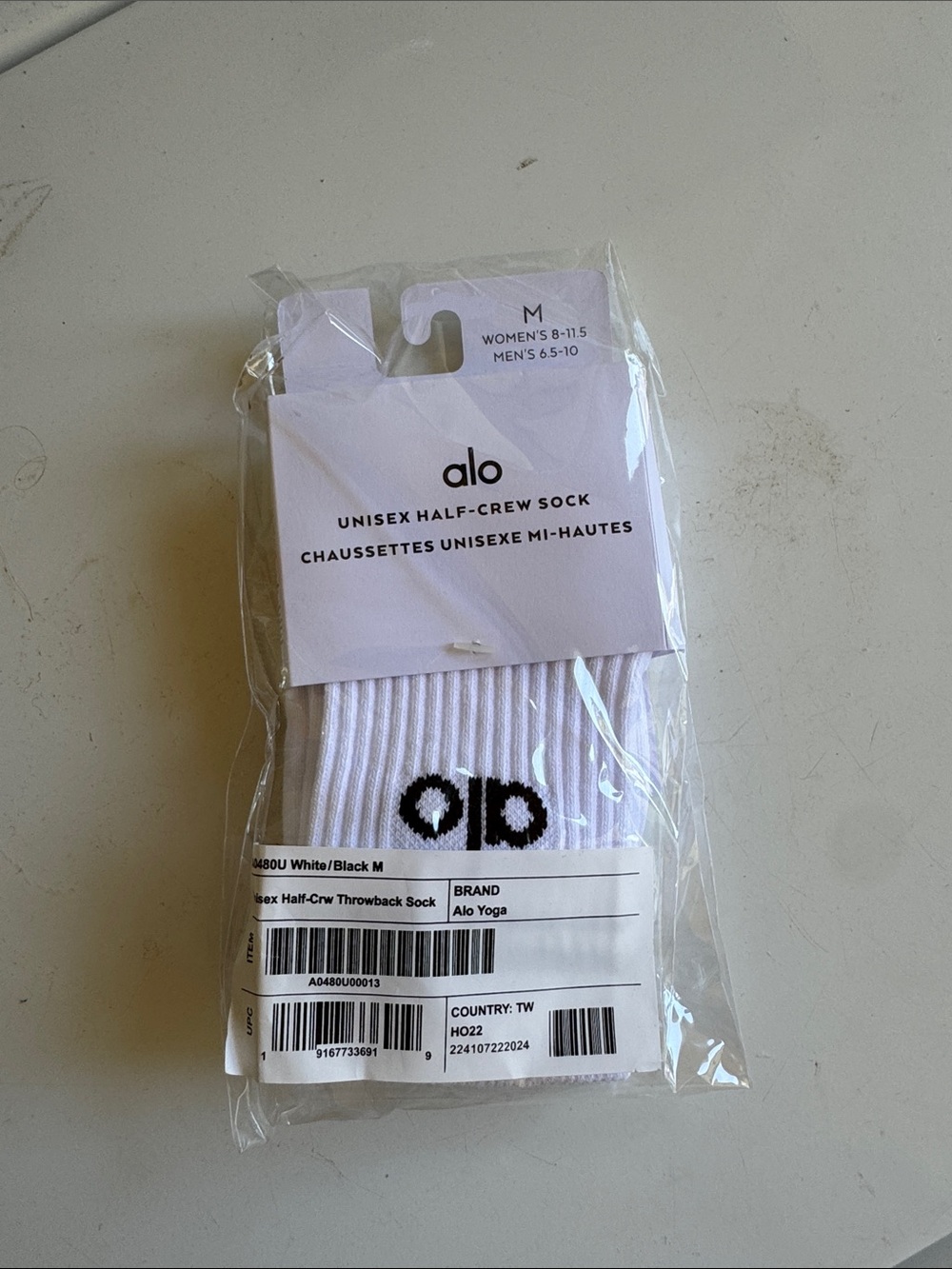 ALO Yoga White Half-Crew Socks with Black Logo